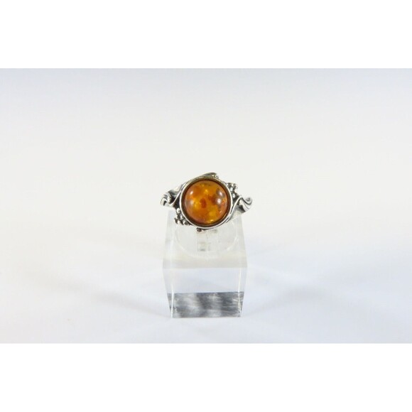 Petite Orange Round Amber Band Ring Pierced Sterling Setting Ball Line Accents S - Picture 1 of 6